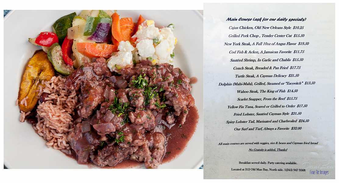 Over the Edge Cafe menu and Turtle Steak meal Over the Edge Cafe in North Side of Grand Cayman menu and Turtle Steak meal - taken with a Nikon D300 camera and Nikon 18-200 VR lens