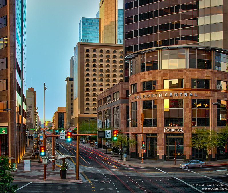Long exposure light trails at sunset, as seen from CityScape walkway in Phoenix, Arizona - taken with a Nikon D300 camera and 18-200 VR lens