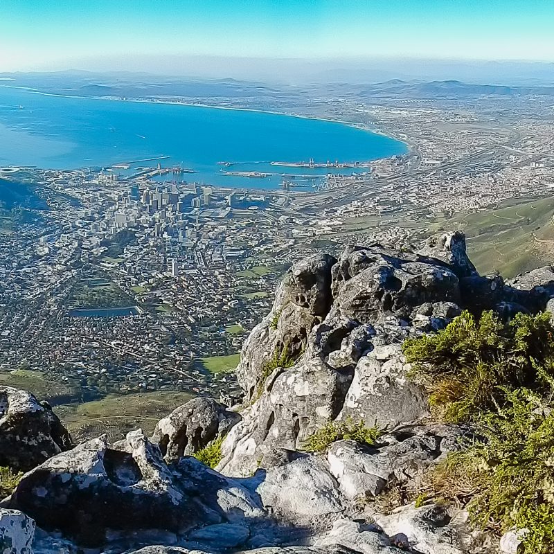 Mountaintop view from Table Mountain of Cape Town, South Africa and Robben Island in the distance - taken with a Nikon Coolpix AW110