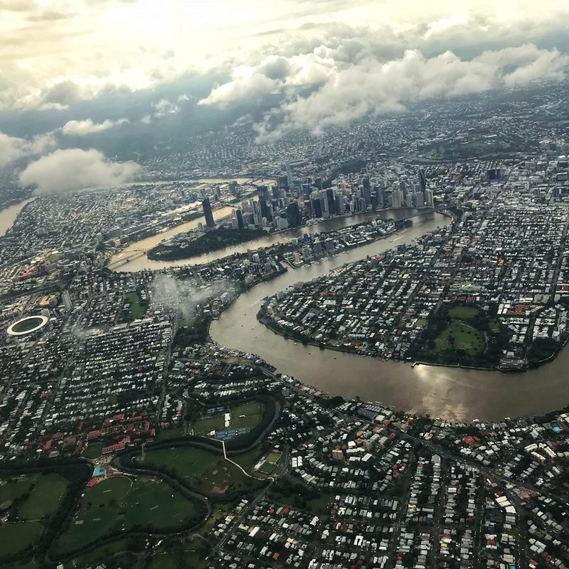 Aerial view of Brisbane from airplane