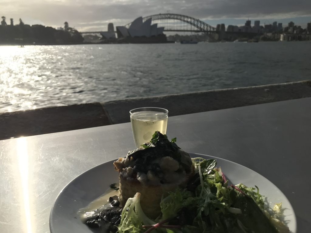 Pre-opera meal with view of Sydney Harbor before the start of La Boheme at Handa Opera
