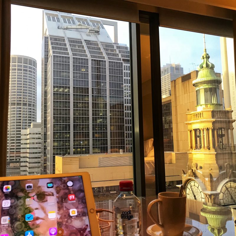 View of Martin Place Clock Tower and other Sydney Australia buildings from 17th floor of The Westin Sydney