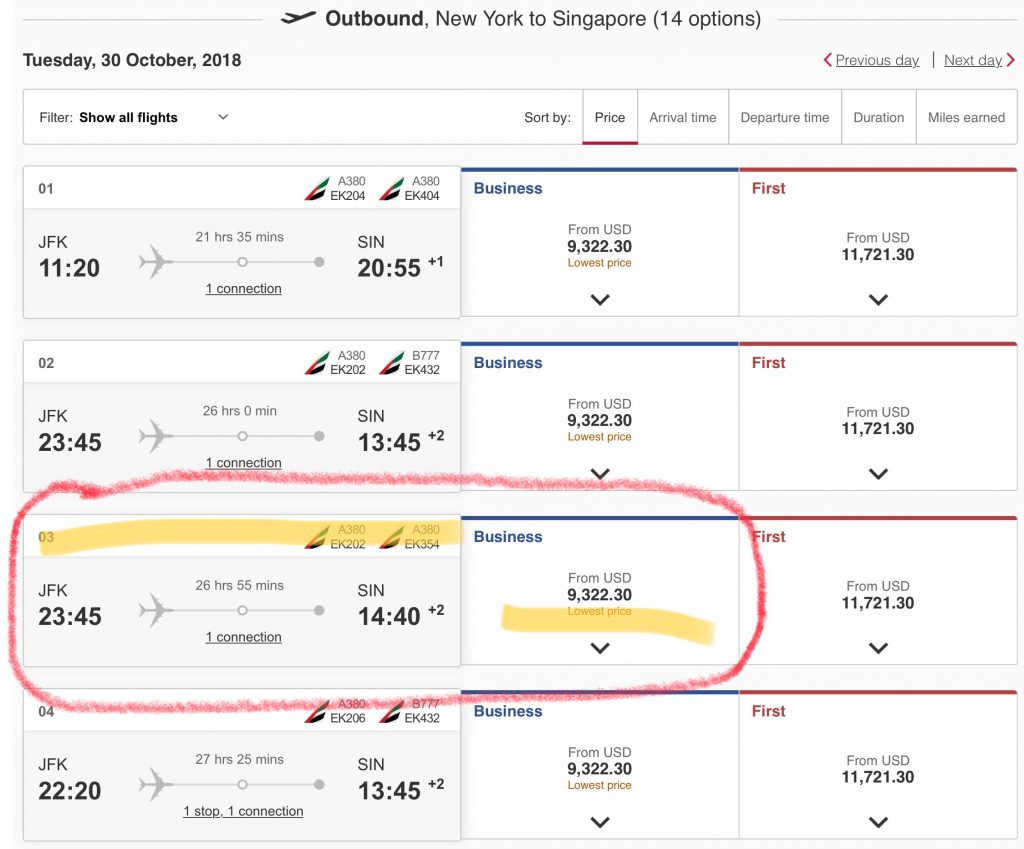 The actual cost of an Emirates Business Class flight from JFK to Dubai to Singapore