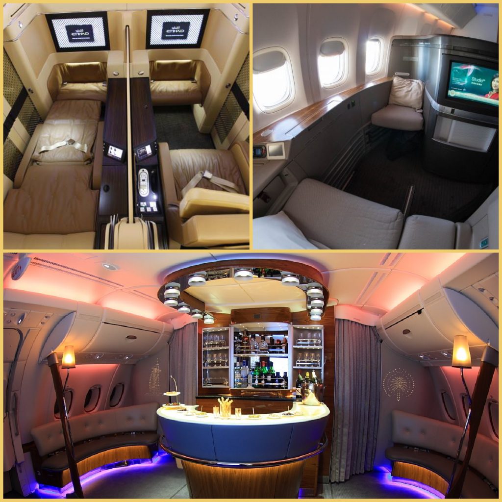 Pictures of Etihad and Cathay Pacific first class seats and Emirates bar in the sky