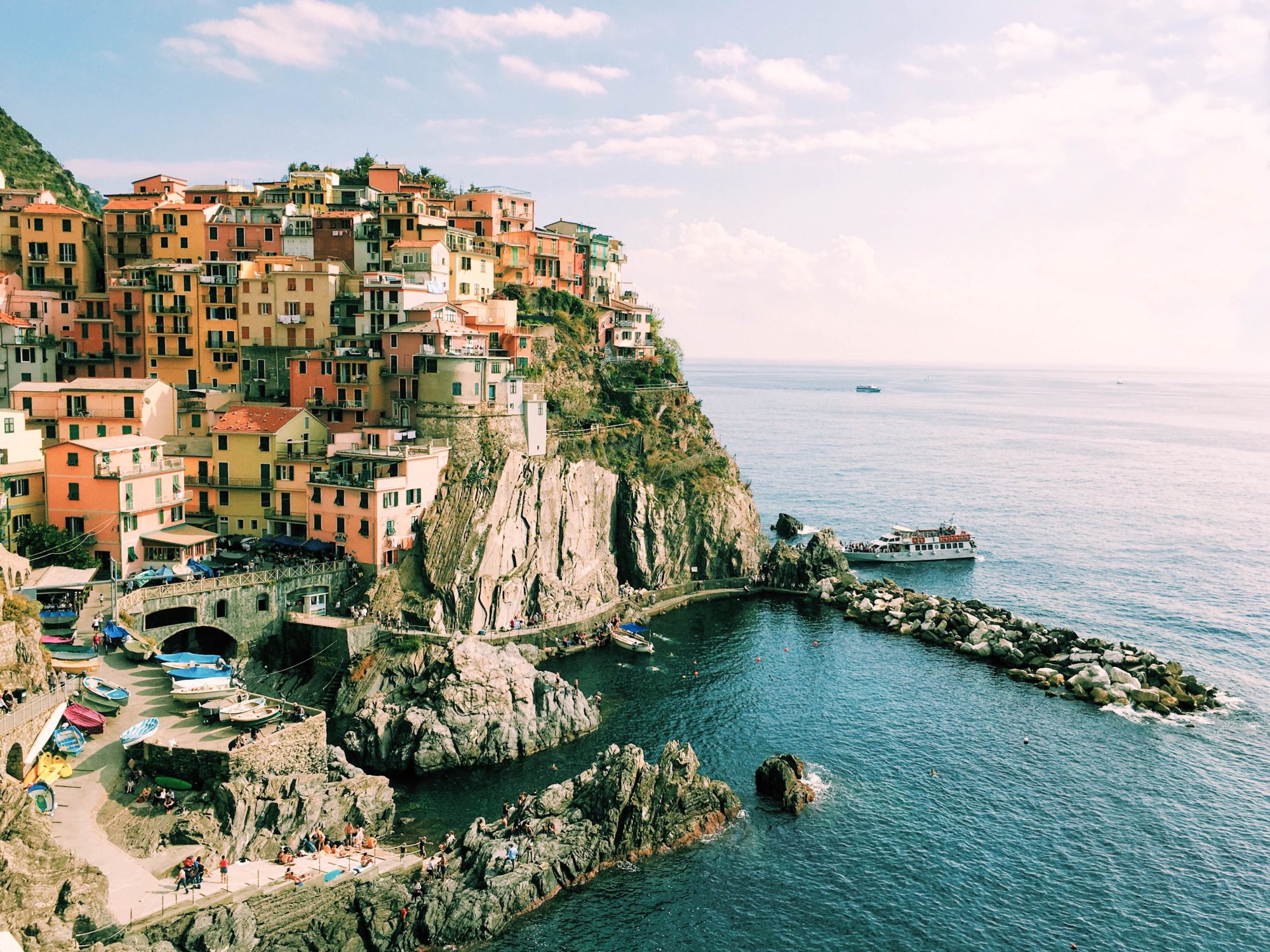 Aerial view of Manarola Italy one of the Cinque Terre towns on SelfishMe Travel LLC