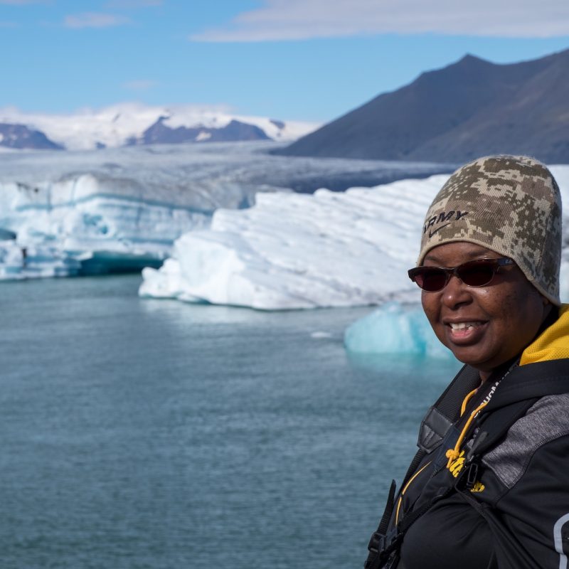 Danielle Lewis, owner of SelfishMe Travel LLC, at Glacier Lagoon (Jokulsarlon), Iceland