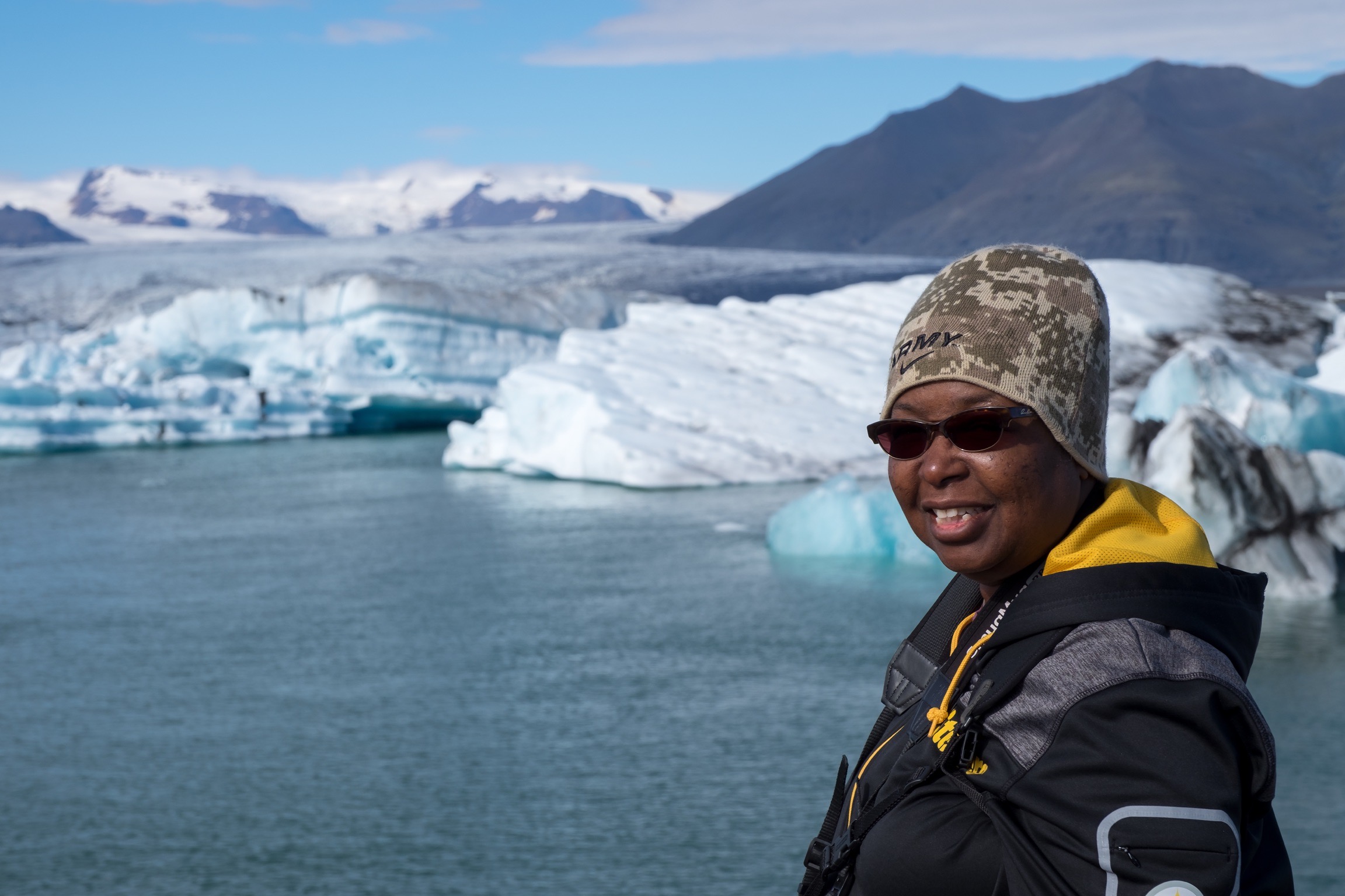 Danielle Lewis, owner of SelfishMe Travel LLC, at Glacier Lagoon (Jokulsarlon), Iceland