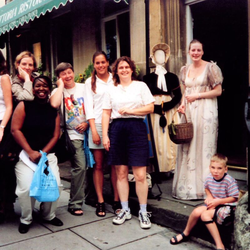 DaniLew with old and new friends at the Jane Austen Center in Bath England on the Slow Traveling Soul Sister blog